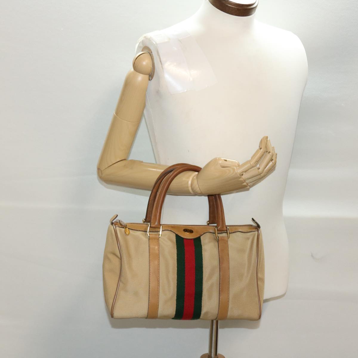 GUCCI Web Sherry Line Boston Bag Canvas Beige Red Green 378.012.3841 43210