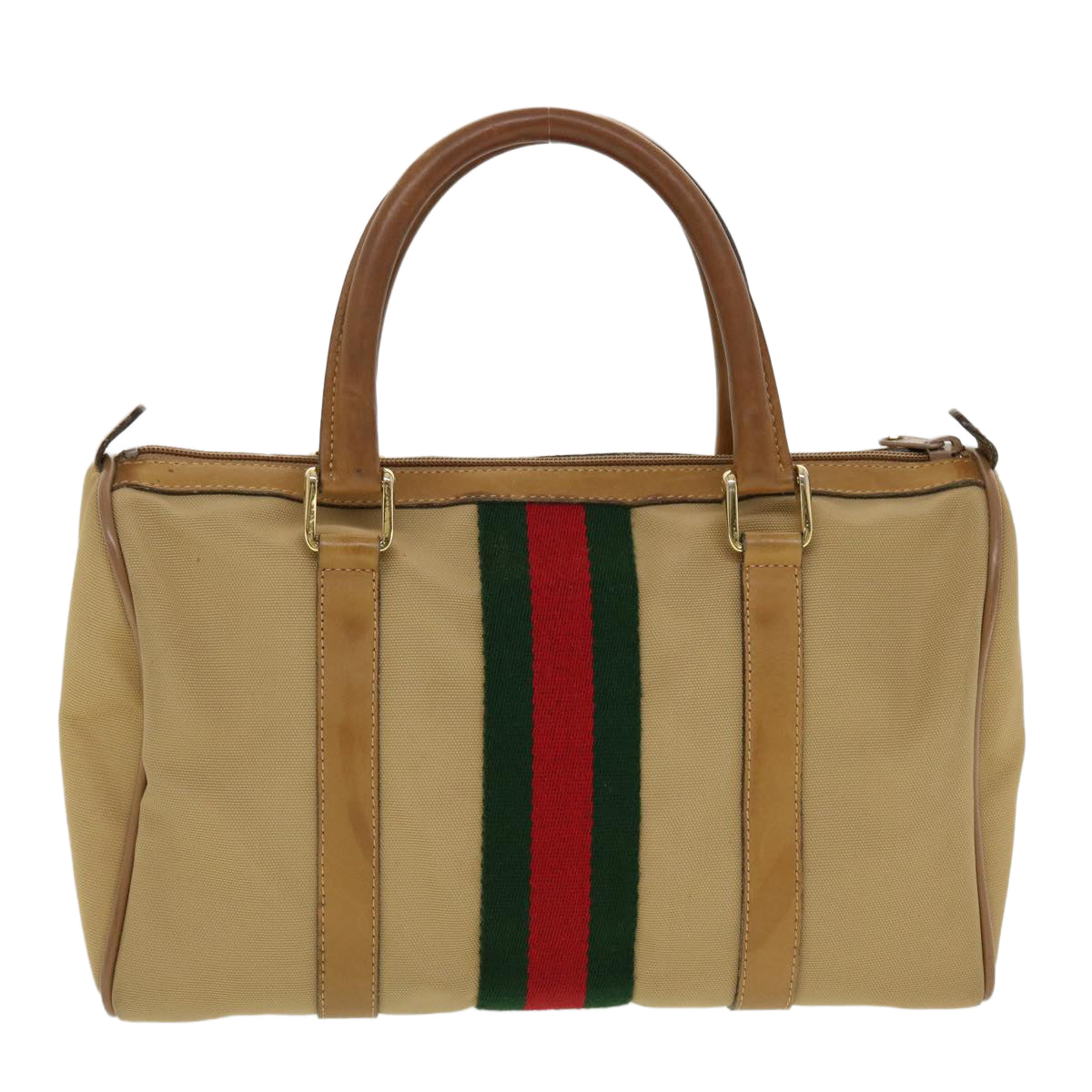 GUCCI Web Sherry Line Boston Bag Canvas Beige Red Green 378.012.3841 43210