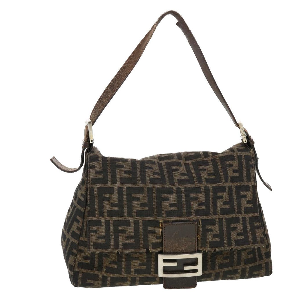FENDI Mamma Baguette Zucca Canvas Shoulder Bag Nylon Brown Black 43694