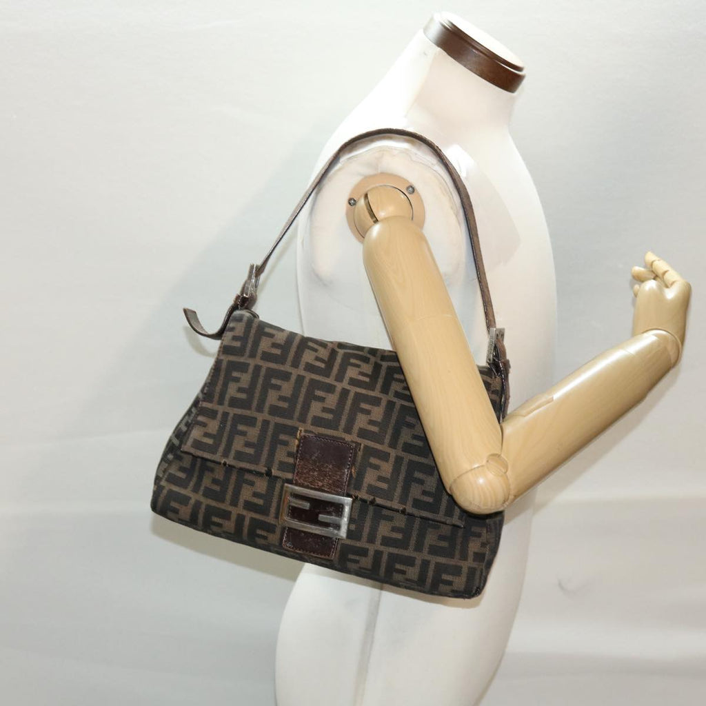 FENDI Mamma Baguette Zucca Canvas Shoulder Bag Nylon Brown Black 43694
