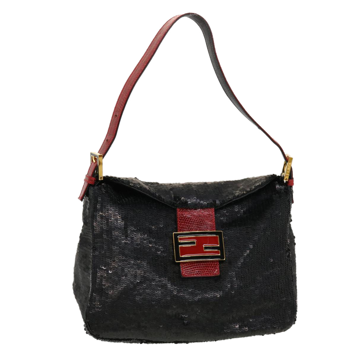 FENDI Sequin Shoulder Bag Black Red 43759
