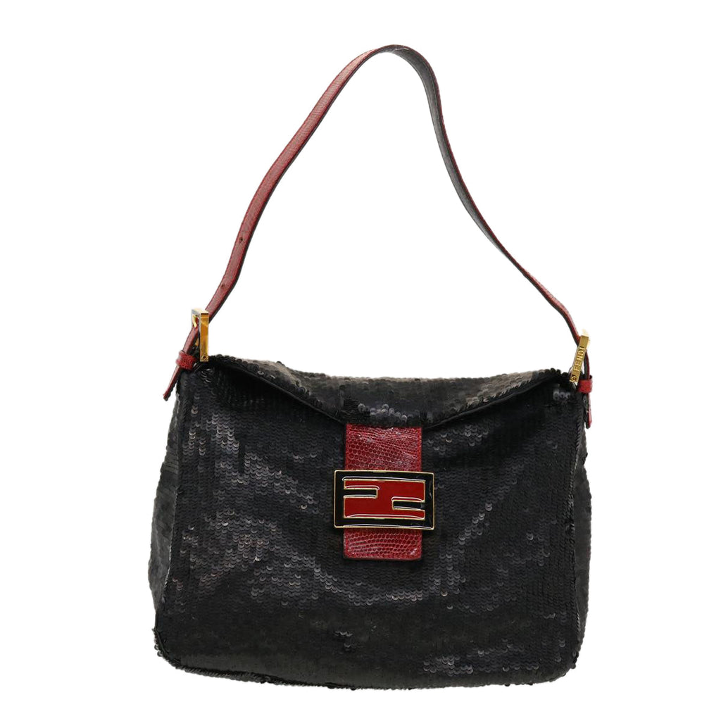 FENDI Sequin Shoulder Bag Black Red 43759