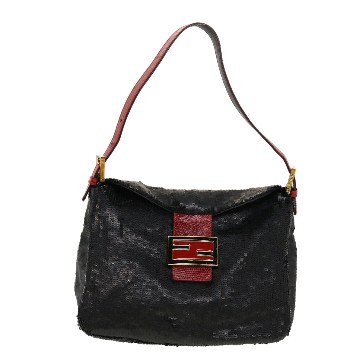 FENDI Sequin Shoulder Bag Black Red 43759