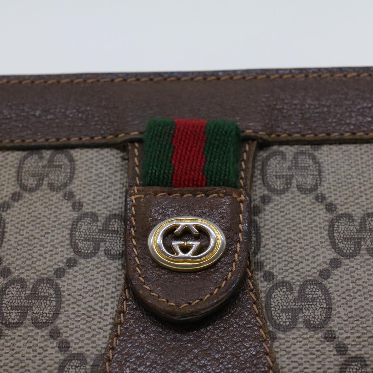 GUCCI GG Canvas Web Sherry Line Clutch Bag PVC Leather Beige Green 44139