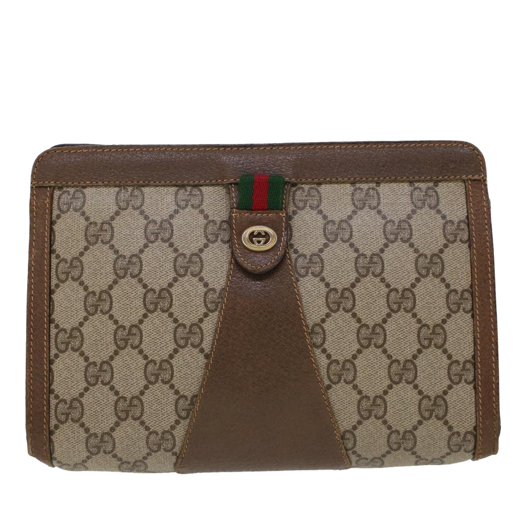 GUCCI GG Canvas Web Sherry Line Clutch Bag PVC Leather Beige Green 44139