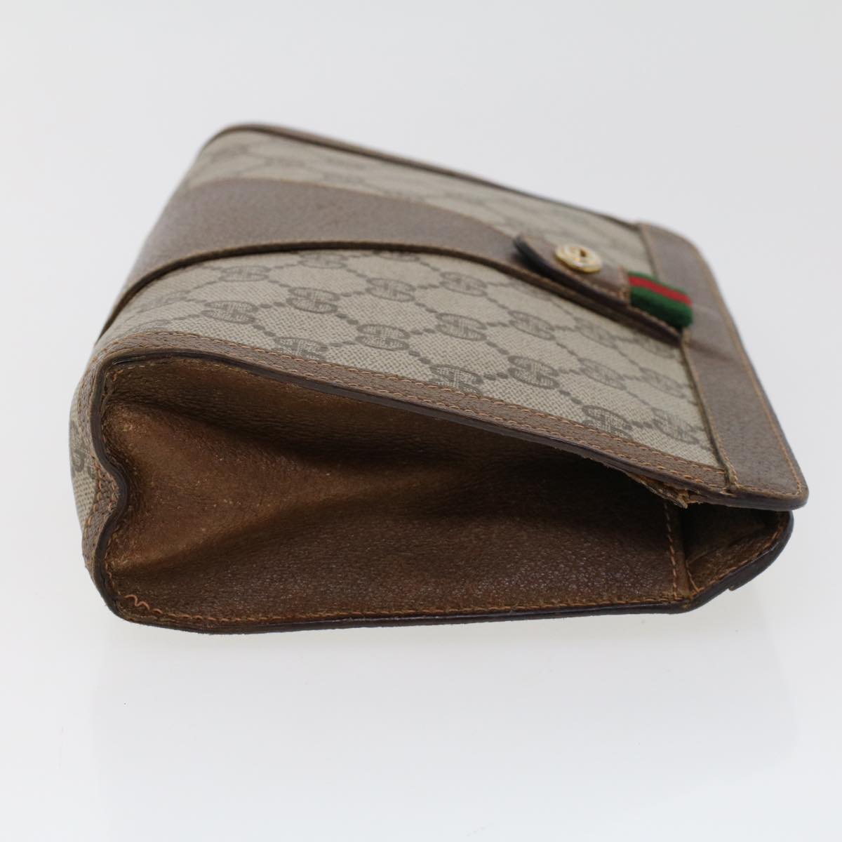 GUCCI GG Canvas Web Sherry Line Clutch Bag PVC Leather Beige Green 44139