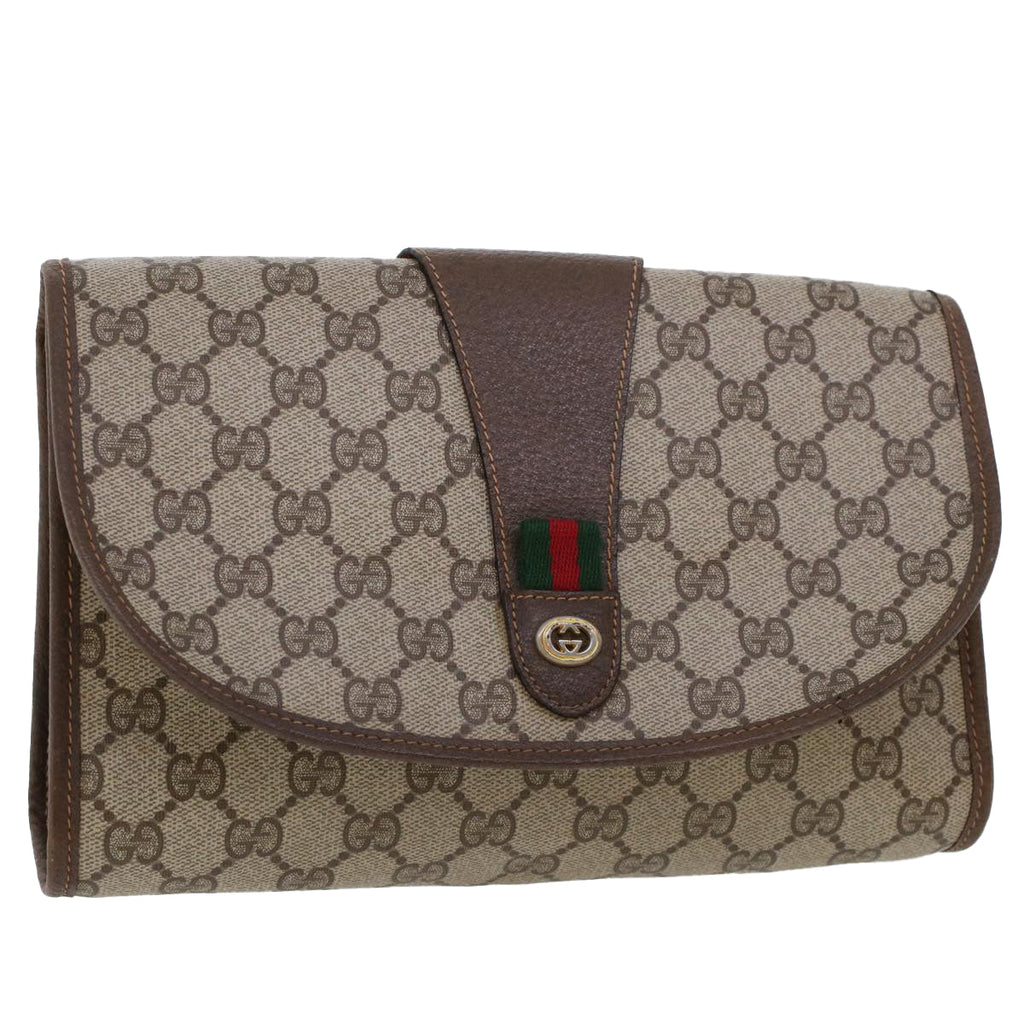 GUCCI GG Canvas Web Sherry Line Clutch Bag PVC Leather Beige Green 44152