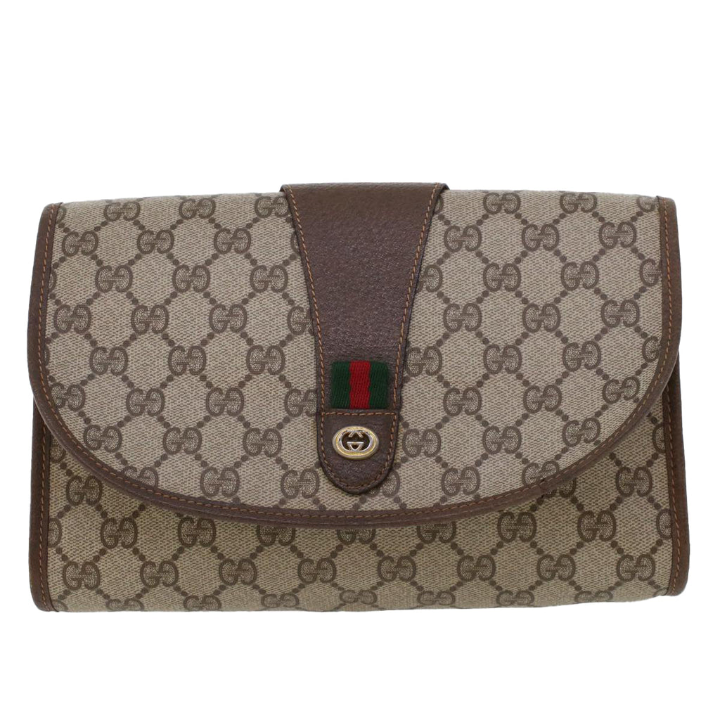 GUCCI GG Canvas Web Sherry Line Clutch Bag PVC Leather Beige Green 44152