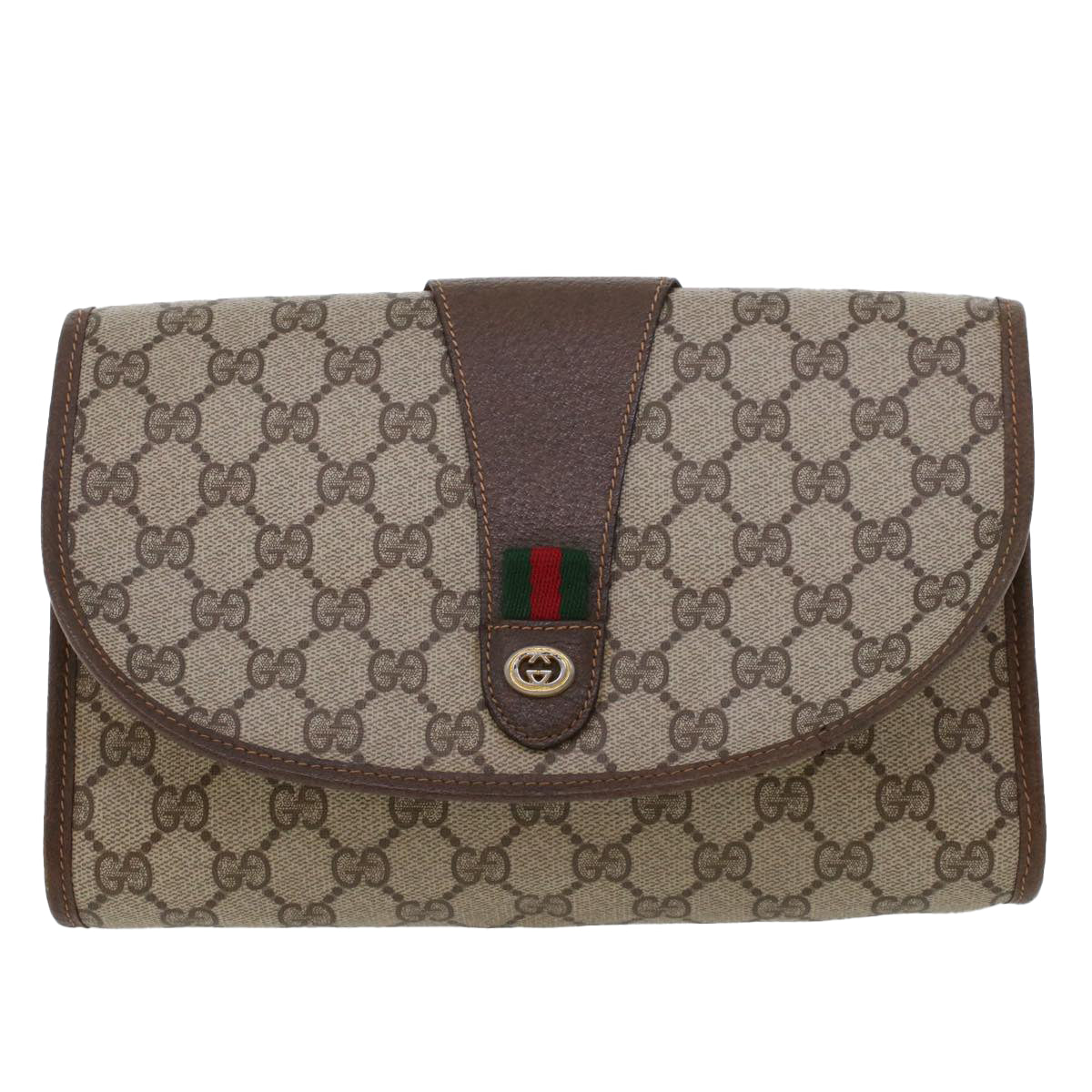 GUCCI GG Canvas Web Sherry Line Clutch Bag PVC Leather Beige Green 44152