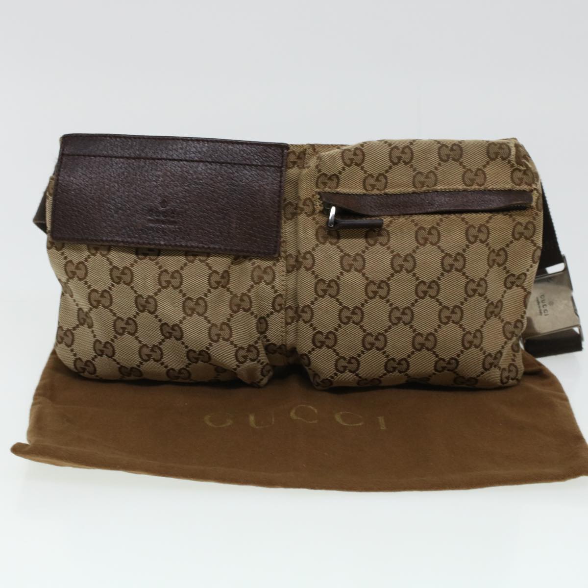 GUCCI GG Canvas Waist Bag Beige Dark Brown 44156