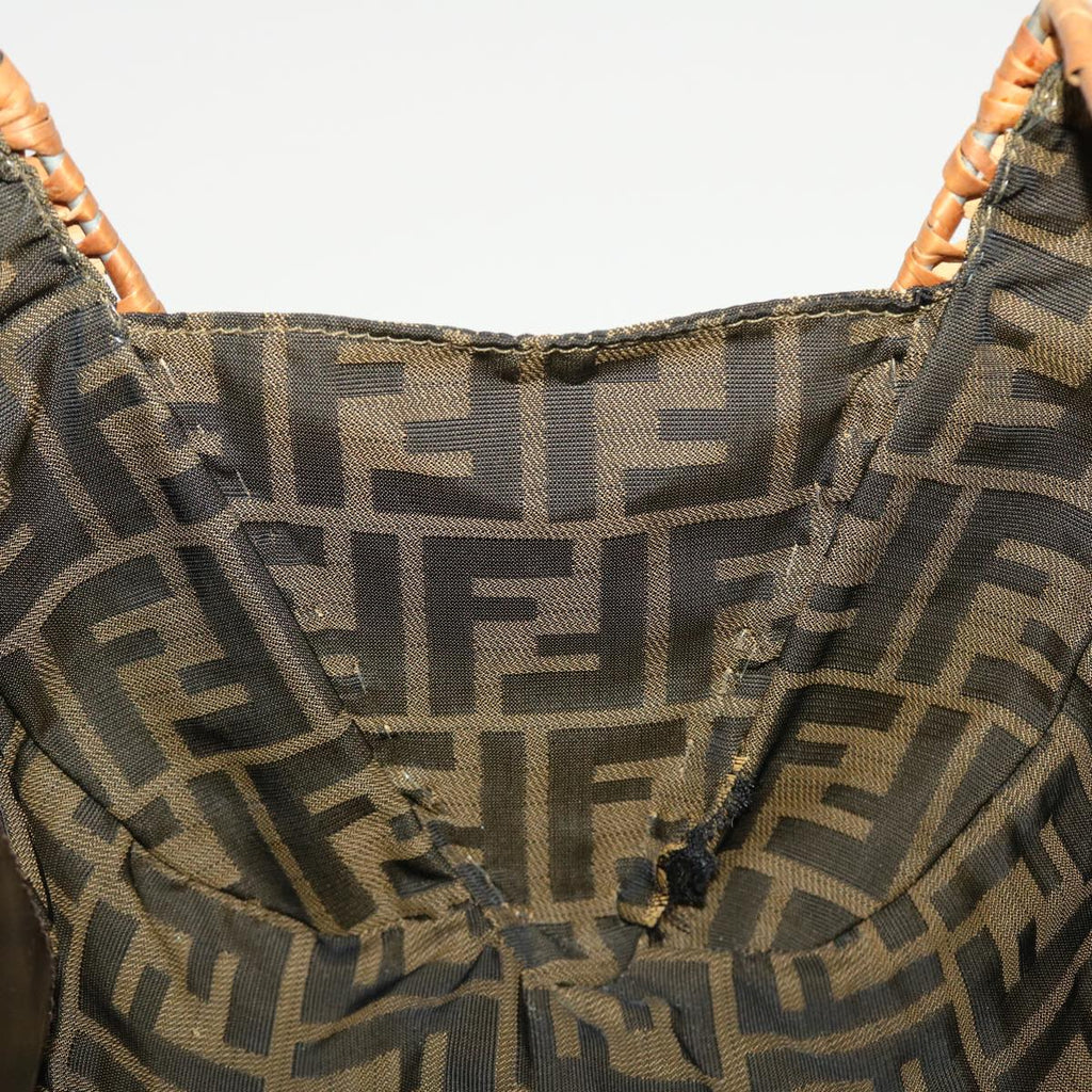 FENDI Straw Bag Zucca Canvas Hand Bag Rattan Brown 44394