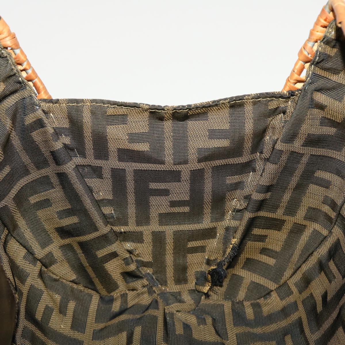 FENDI Straw Bag Zucca Canvas Hand Bag Rattan Brown 44394