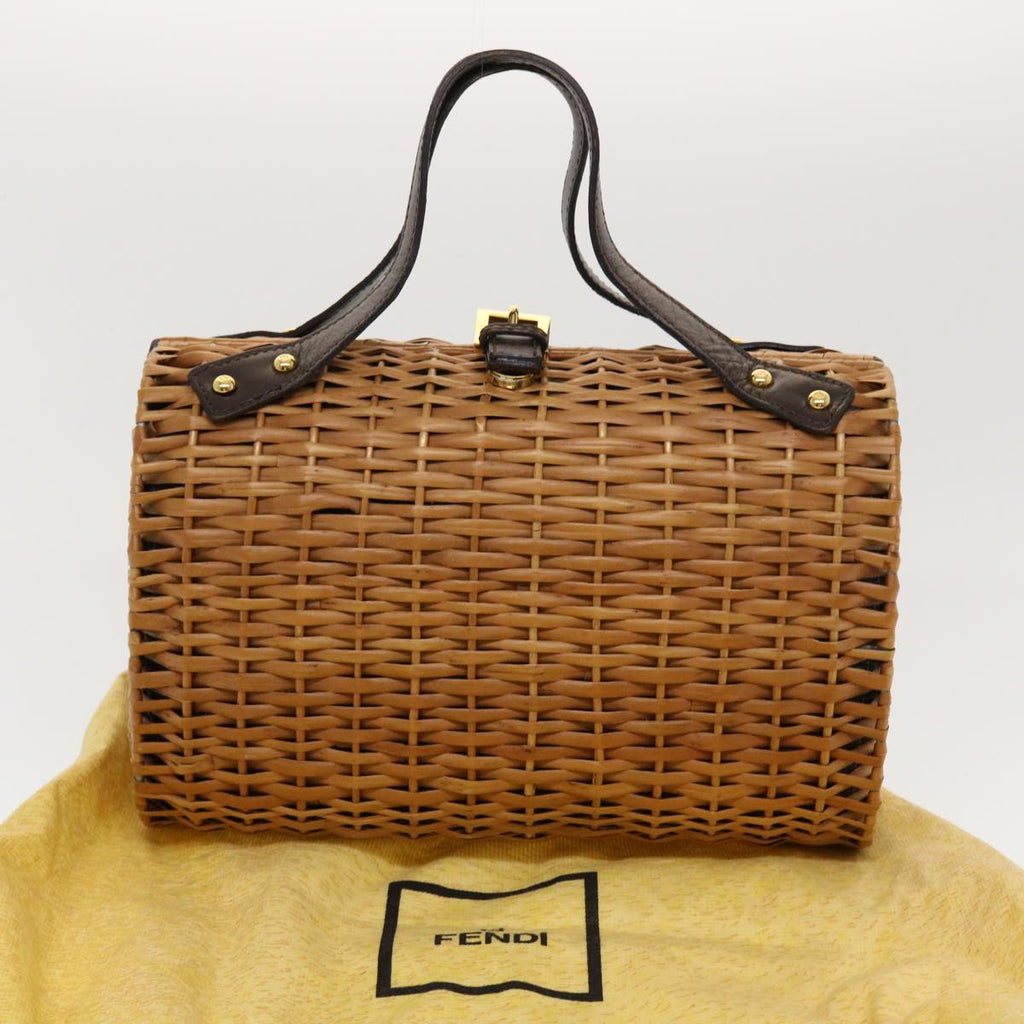FENDI Straw Bag Zucca Canvas Hand Bag Rattan Brown 44394