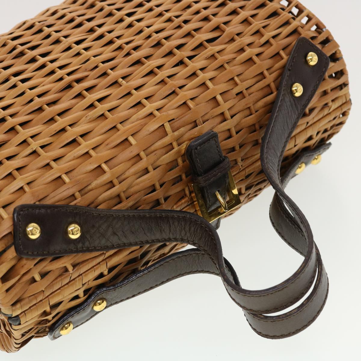 FENDI Straw Bag Zucca Canvas Hand Bag Rattan Brown 44394