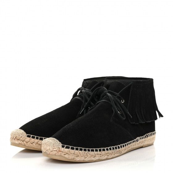 Saint Laurent Suede Fringe Trim Accent LaceUp Boots Black Boots