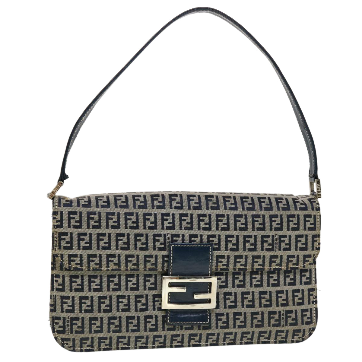 FENDI Mamma Baguette Zucchino Canvas Shoulder Bag Navy 44520