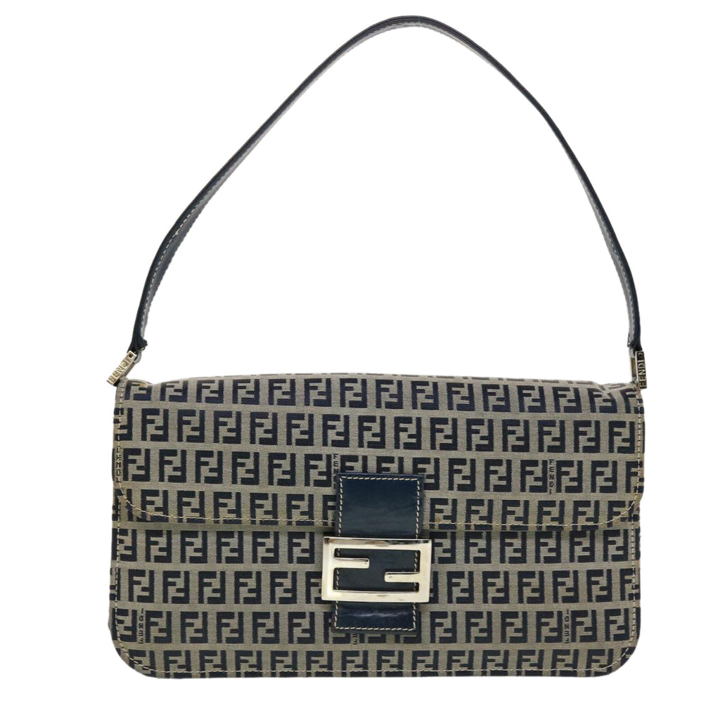 FENDI Mamma Baguette Zucchino Canvas Shoulder Bag Navy 44520