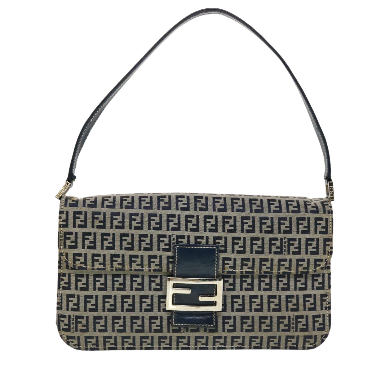 FENDI Mamma Baguette Zucchino Canvas Shoulder Bag Navy 44520