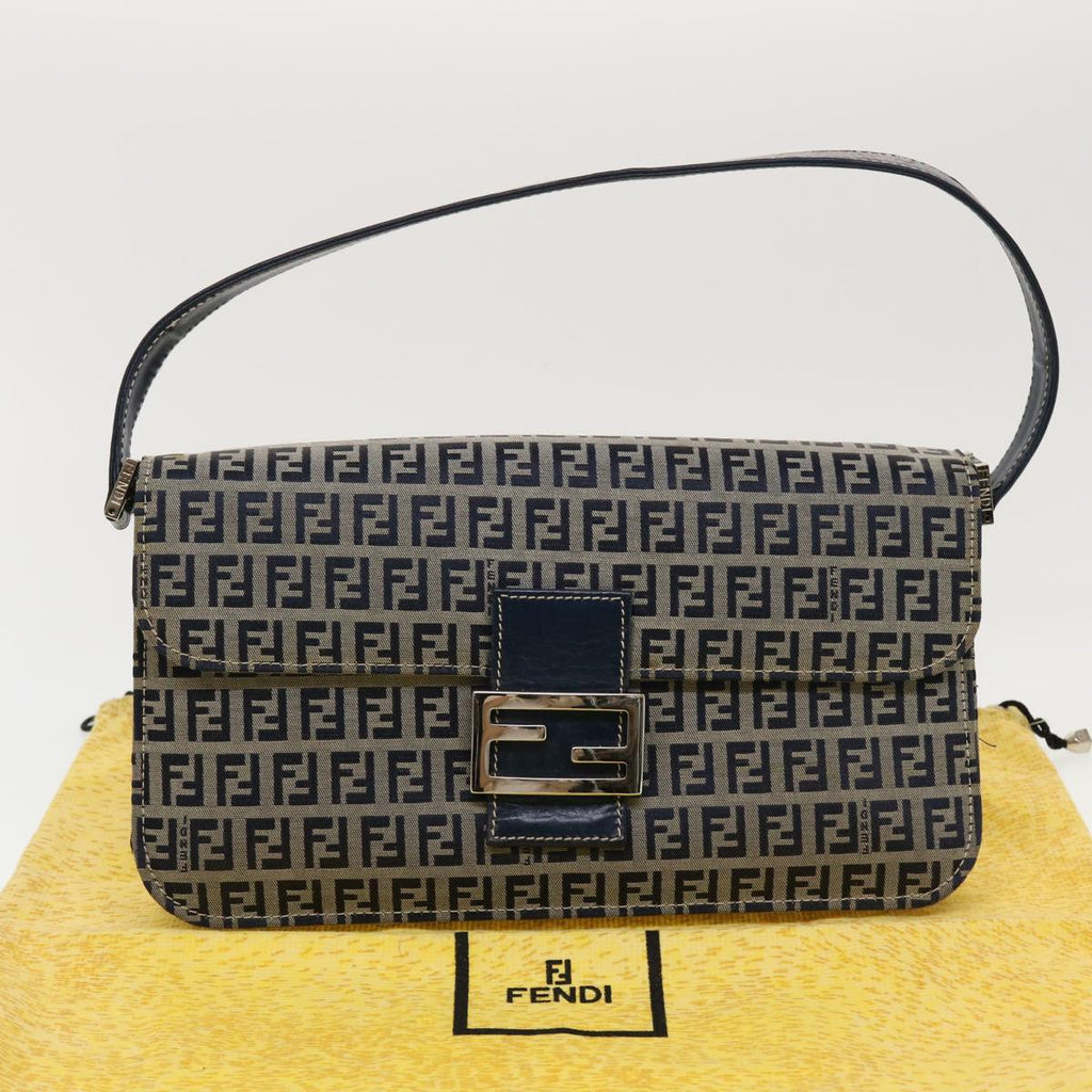 FENDI Mamma Baguette Zucchino Canvas Shoulder Bag Navy 44520