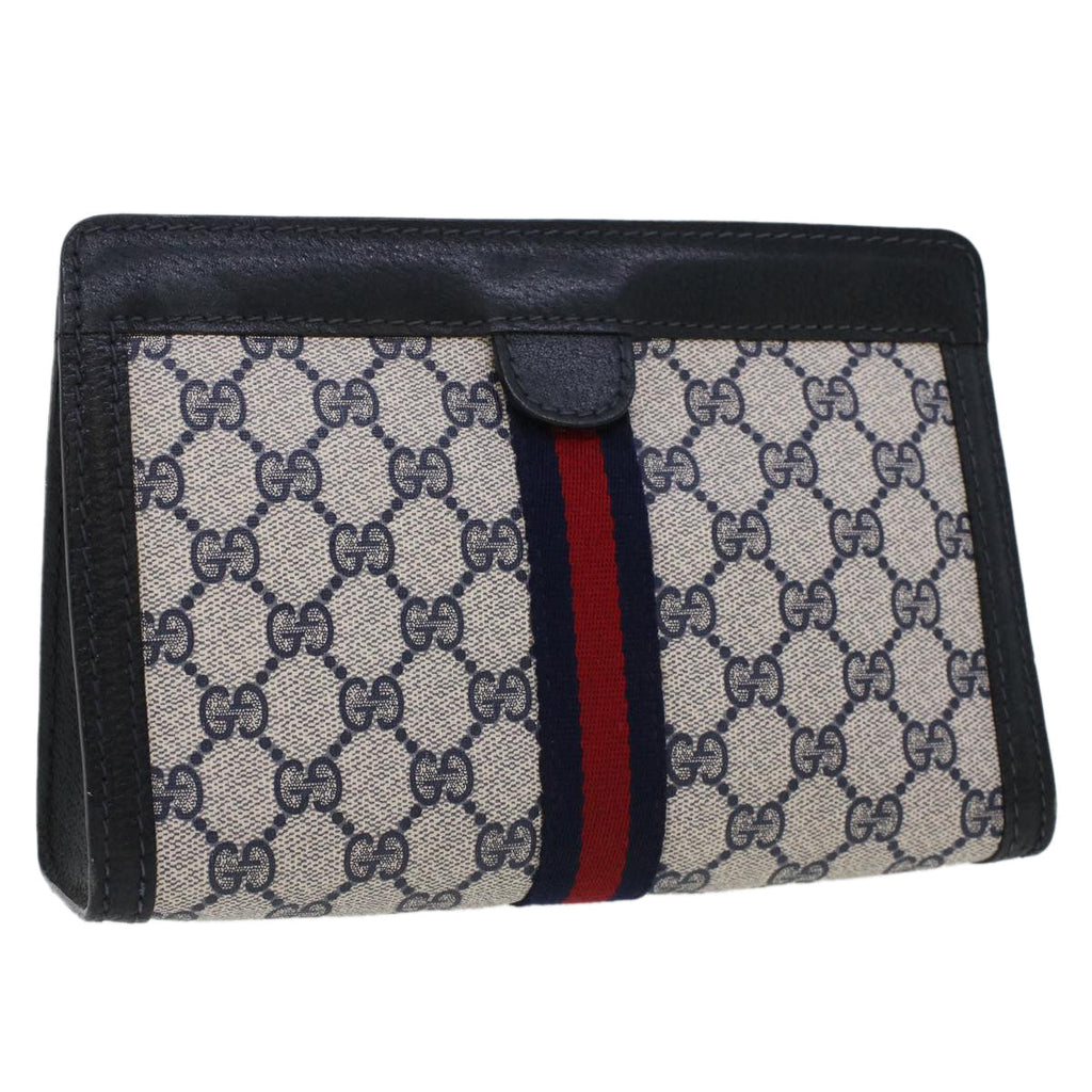 GUCCI GG Canvas Sherry Line Clutch Bag Gray Red Navy