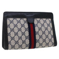 GUCCI GG Canvas Sherry Line Clutch Bag Gray Red Navy
