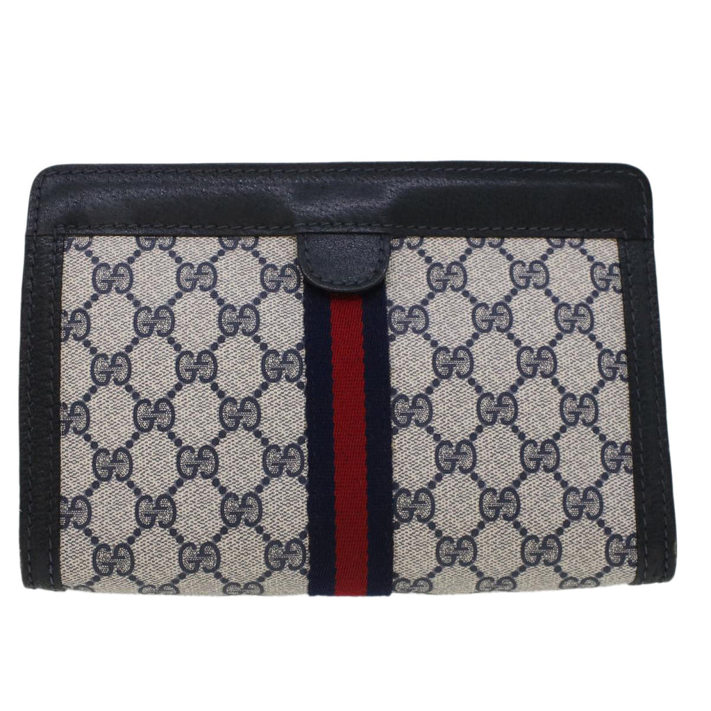 GUCCI GG Canvas Sherry Line Clutch Bag Gray Red Navy 64.014.2125.23 44752
