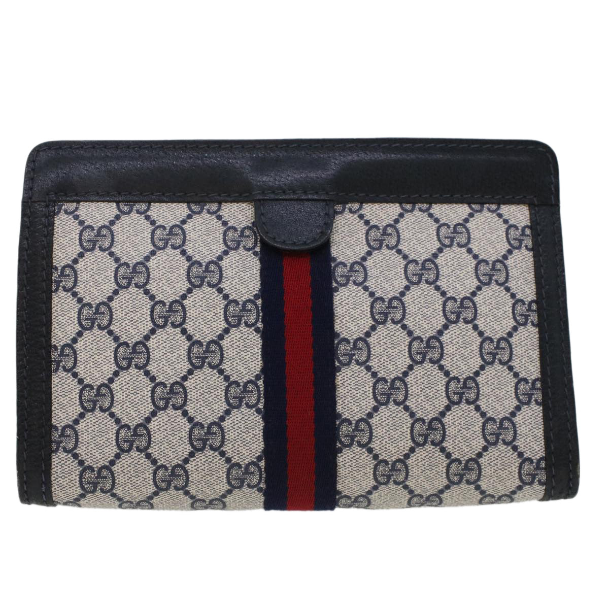 GUCCI GG Canvas Sherry Line Clutch Bag Gray Red Navy 64.014.2125.23 44752