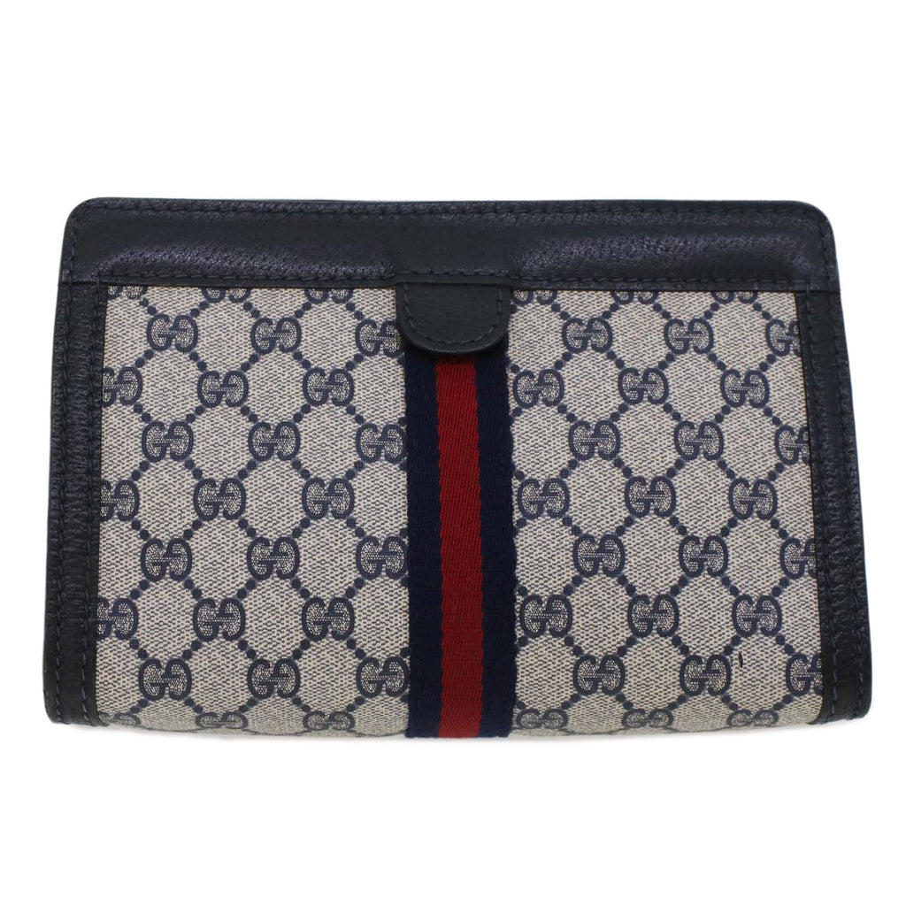 GUCCI GG Canvas Sherry Line Clutch Bag Gray Red Navy