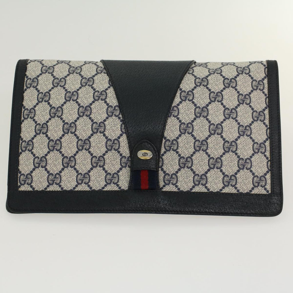 GUCCI GG Canvas Sherry Line Clutch Bag Gray Red Navy 89•01•033 44785