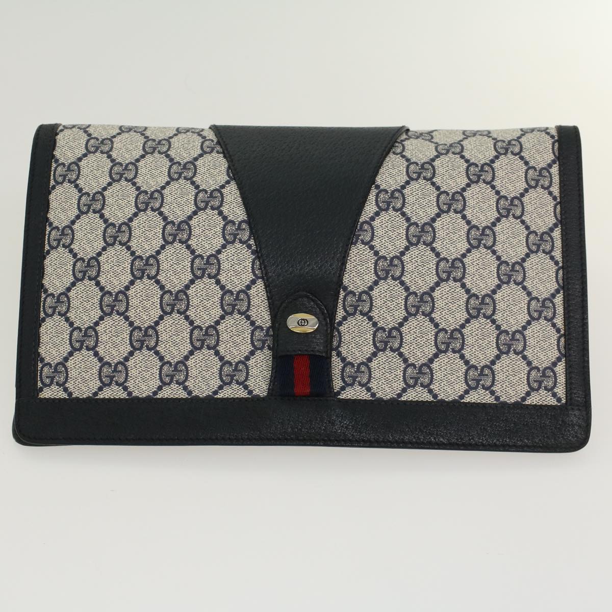 GUCCI GG Canvas Sherry Line Clutch Bag Gray Red Navy 89•01•033 44785