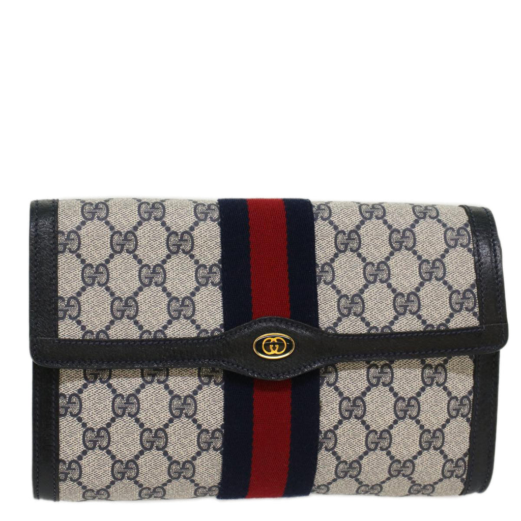 GUCCI GG Canvas Sherry Line Clutch Bag Gray Red Navy