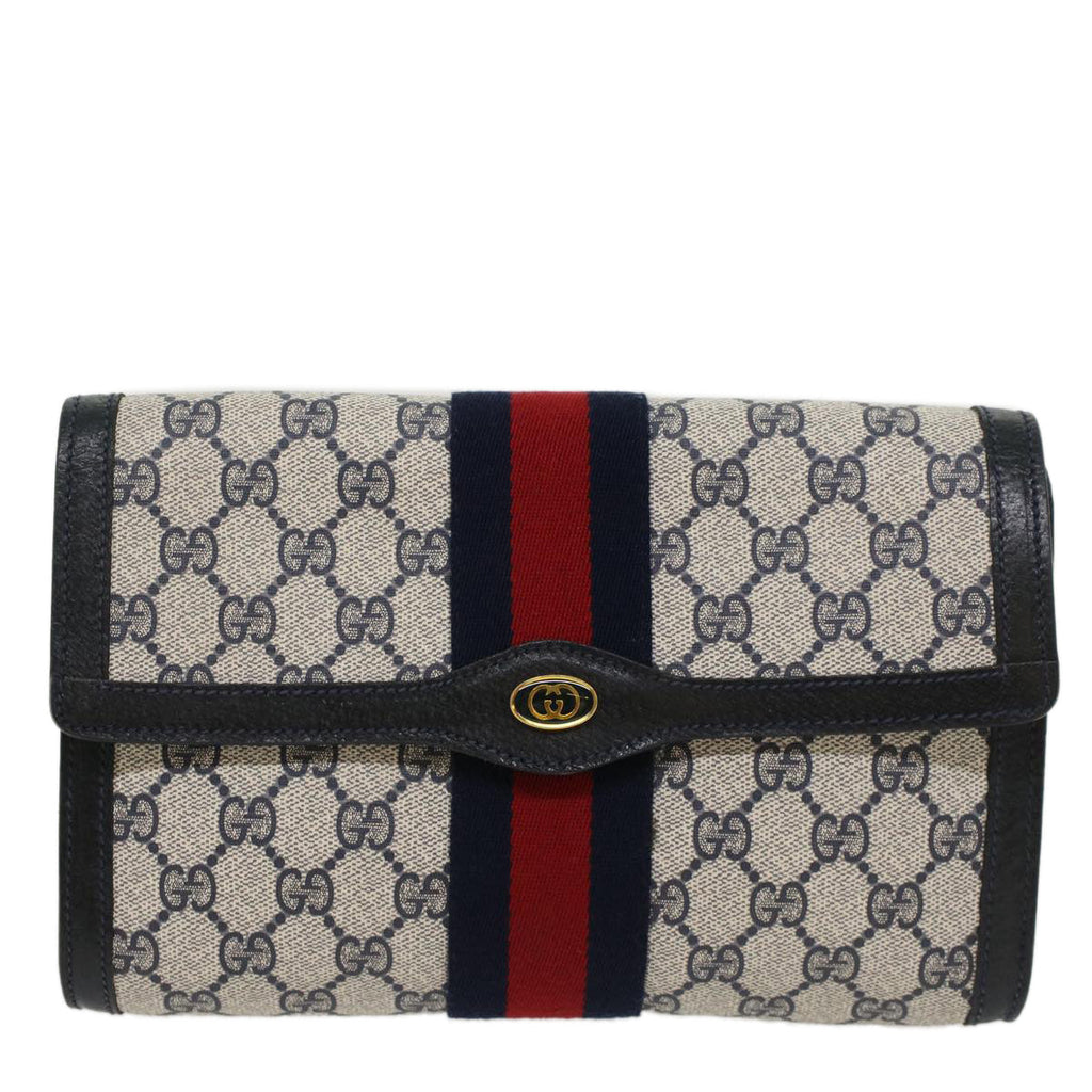 GUCCI GG Canvas Sherry Line Clutch Bag Gray Red Navy 89•01•006 44806