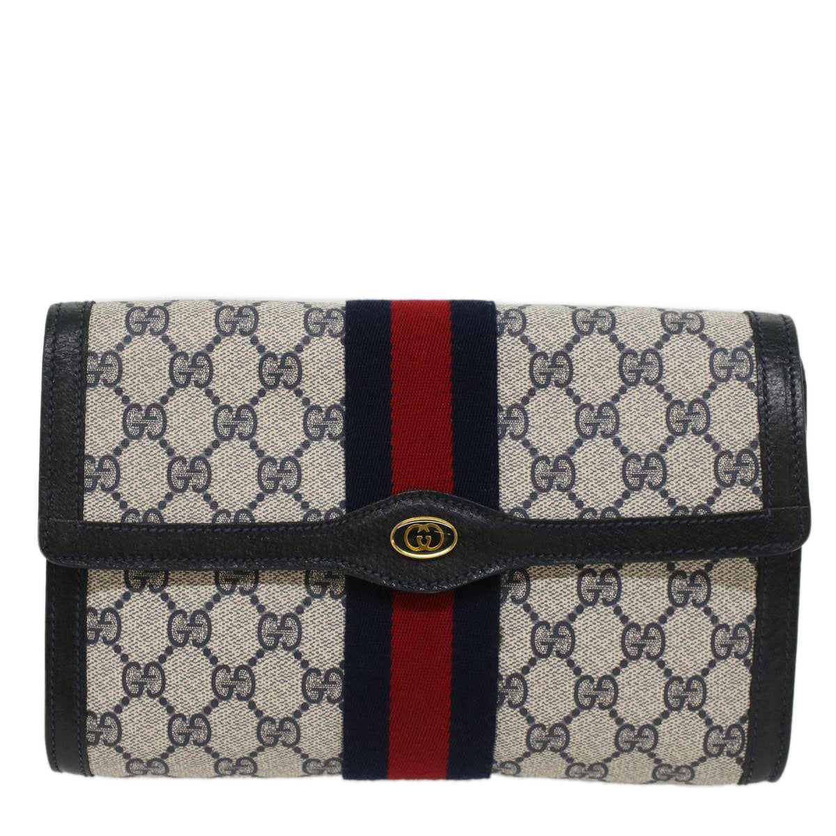 GUCCI GG Canvas Sherry Line Clutch Bag Gray Red Navy 89•01•006 44806