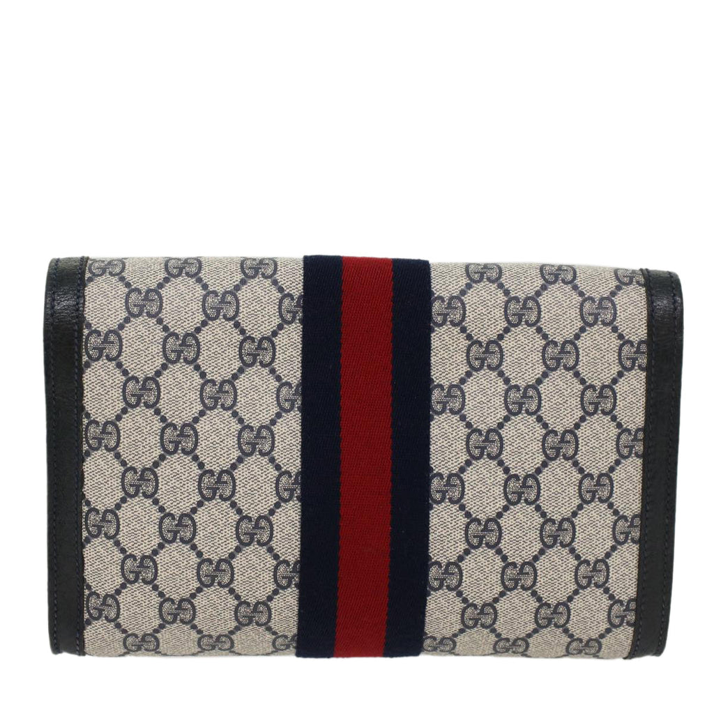 GUCCI GG Canvas Sherry Line Clutch Bag Gray Red Navy