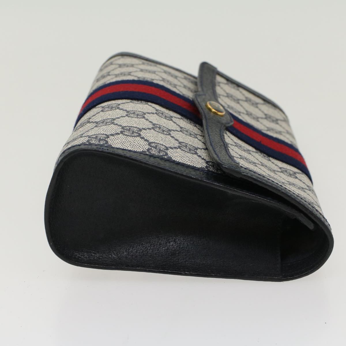 GUCCI GG Canvas Sherry Line Clutch Bag Gray Red Navy