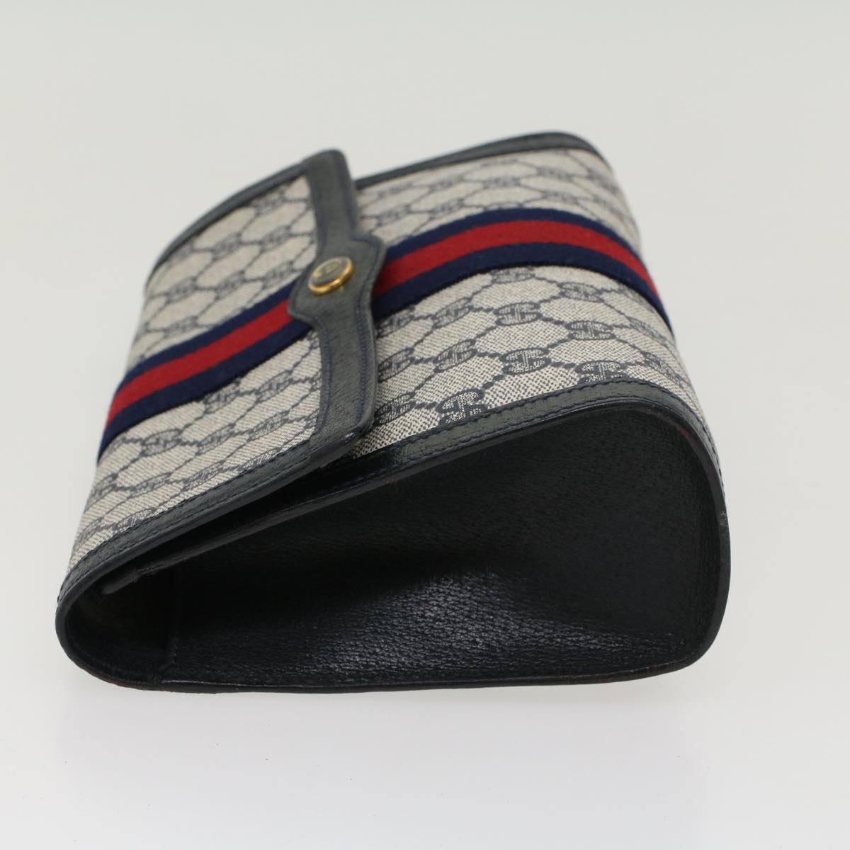 GUCCI GG Canvas Sherry Line Clutch Bag Gray Red Navy