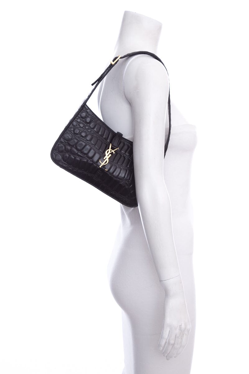 Saint Laurent Black Crocodile Embossed Leather Cassandre Handbag