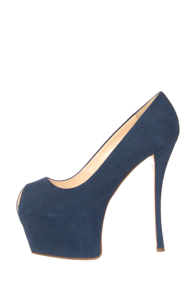 Guiseppe Zanotti Dark Blue Suede Peep Toe Platforms SZ 40