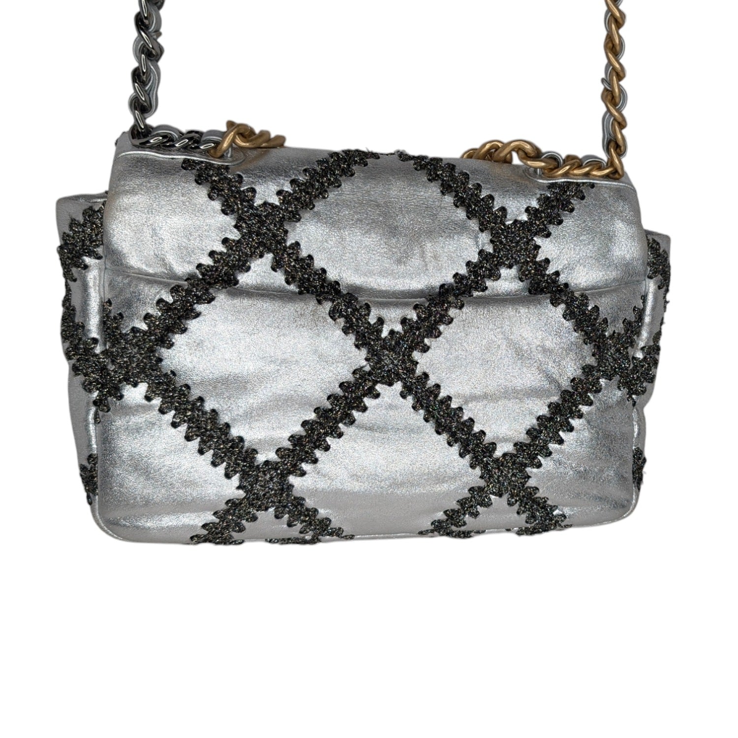 Chanel 2021 Metallic Calfskin Crochet Medium Chanel 19 Flap