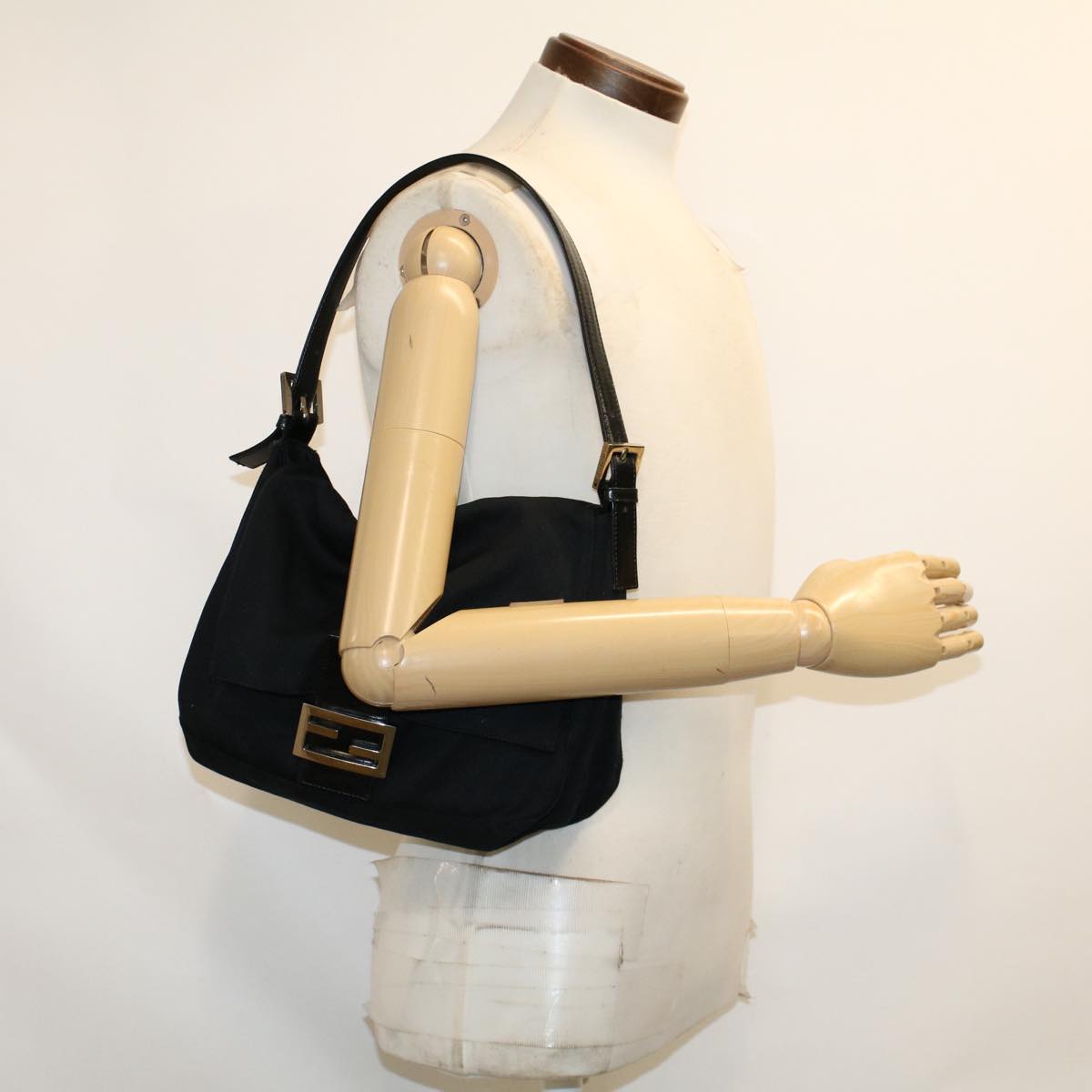 FENDI Mamma Baguette Shoulder Bag Nylon Black 45607
