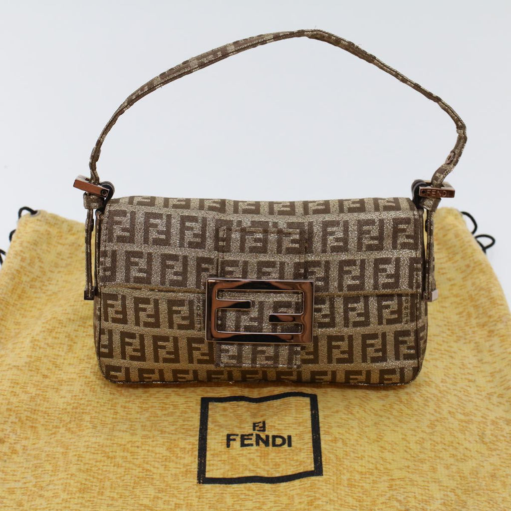 FENDI Zucchino Canvas Mini Mamma Baguette Pouch Gold Tone 45633A