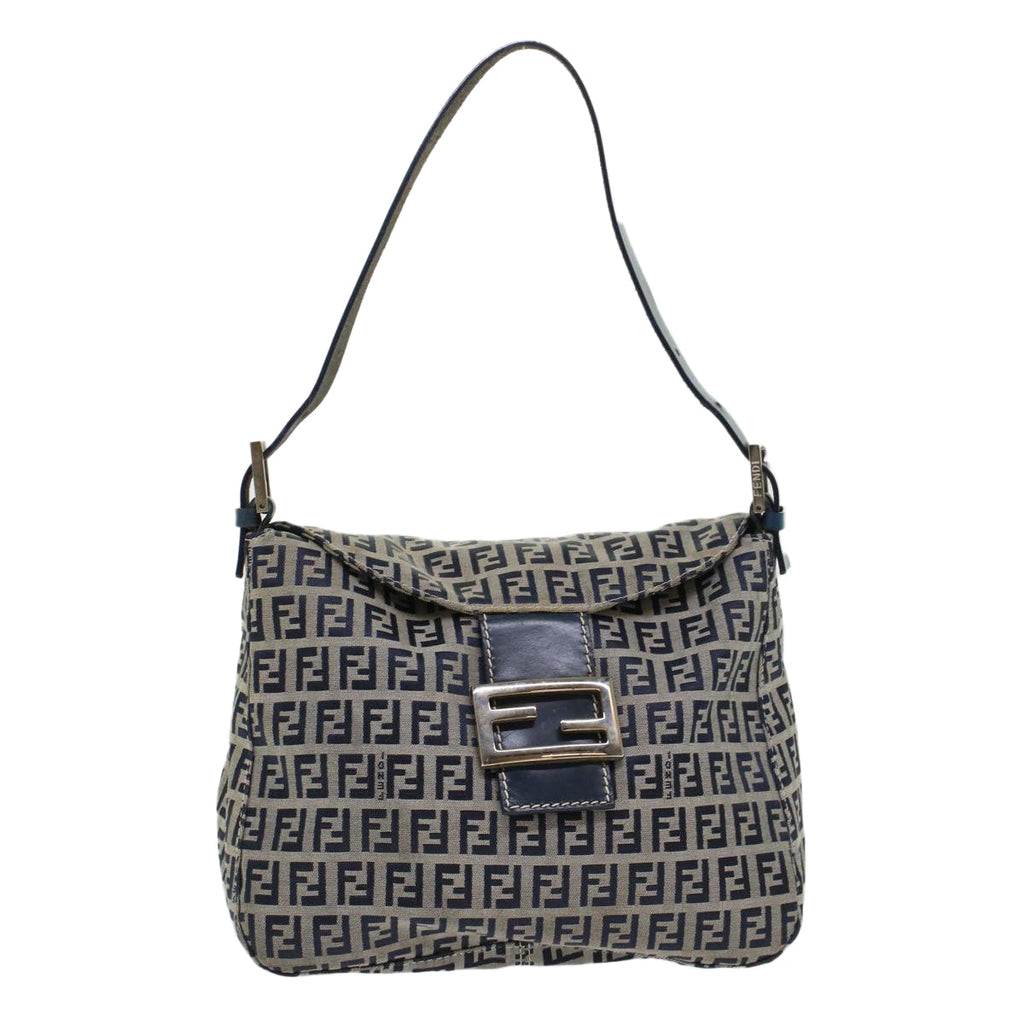 FENDI Zucchino Canvas Mamma Baguette Shoulder Bag Leather Navy 45956