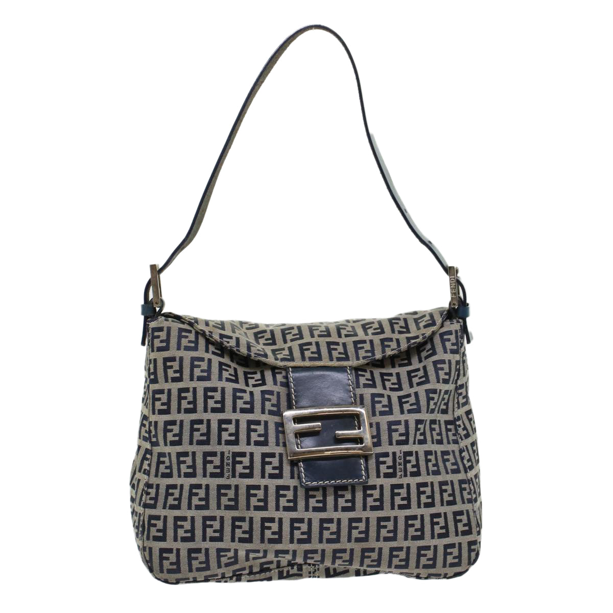 FENDI Zucchino Canvas Mamma Baguette Shoulder Bag Leather Navy 45956