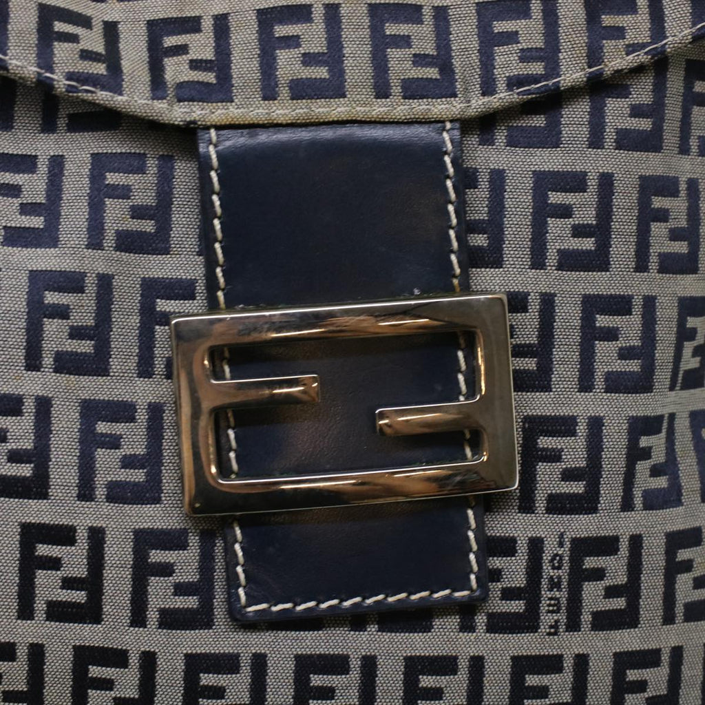FENDI Zucchino Canvas Mamma Baguette Shoulder Bag Leather Navy 45956