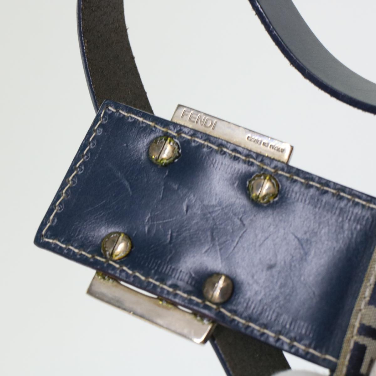 FENDI Zucchino Canvas Mamma Baguette Shoulder Bag Leather Navy 45956