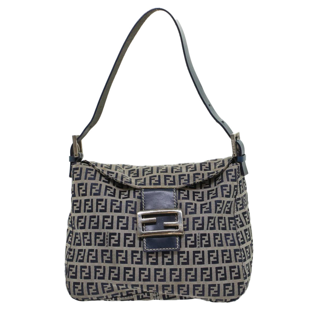 FENDI Zucchino Canvas Mamma Baguette Shoulder Bag Leather Navy 45956