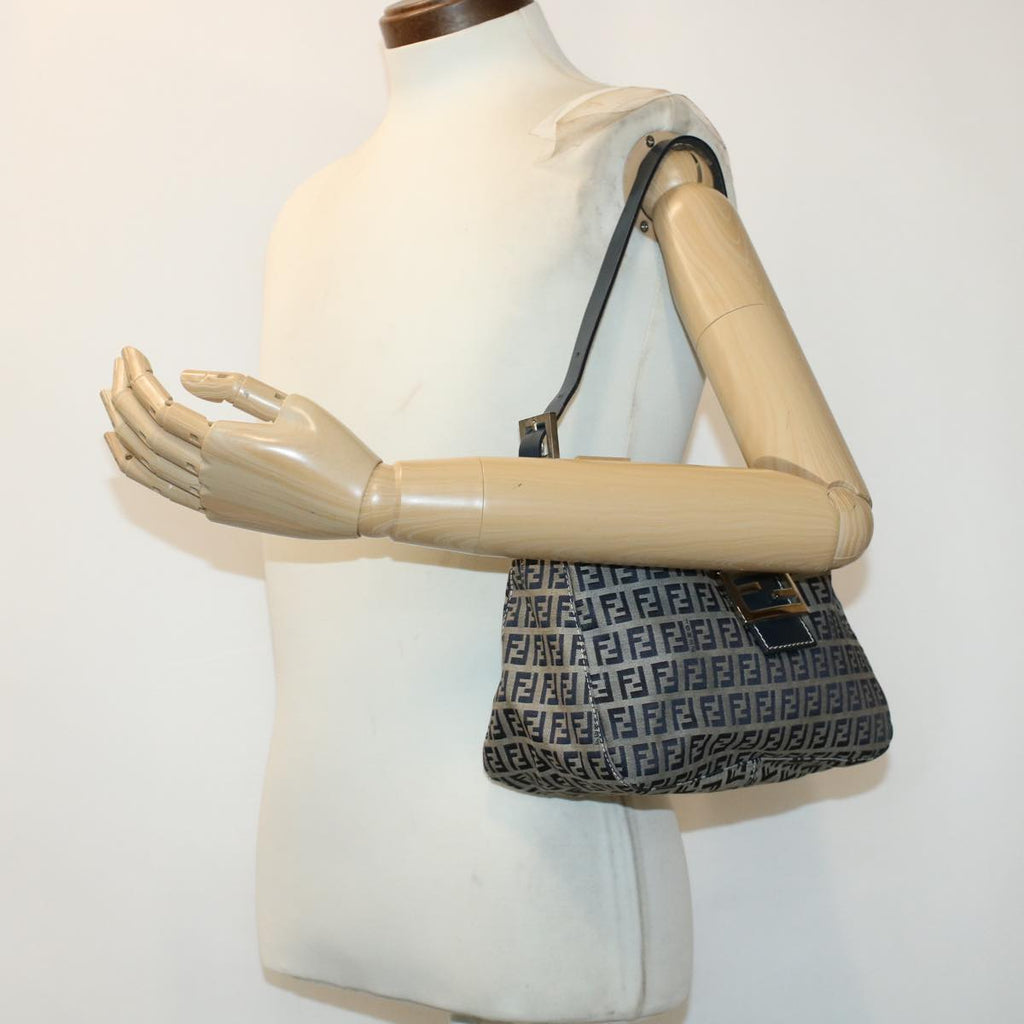 FENDI Zucchino Canvas Mamma Baguette Shoulder Bag Leather Navy 45956