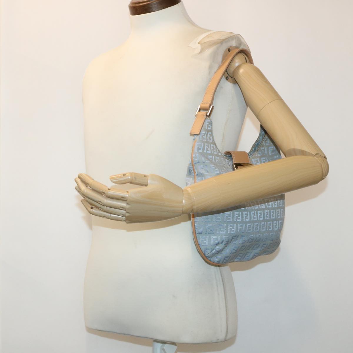 FENDI Mamma Baguette Zucchino Canvas Shoulder Bag Nylon Light Blue 46673