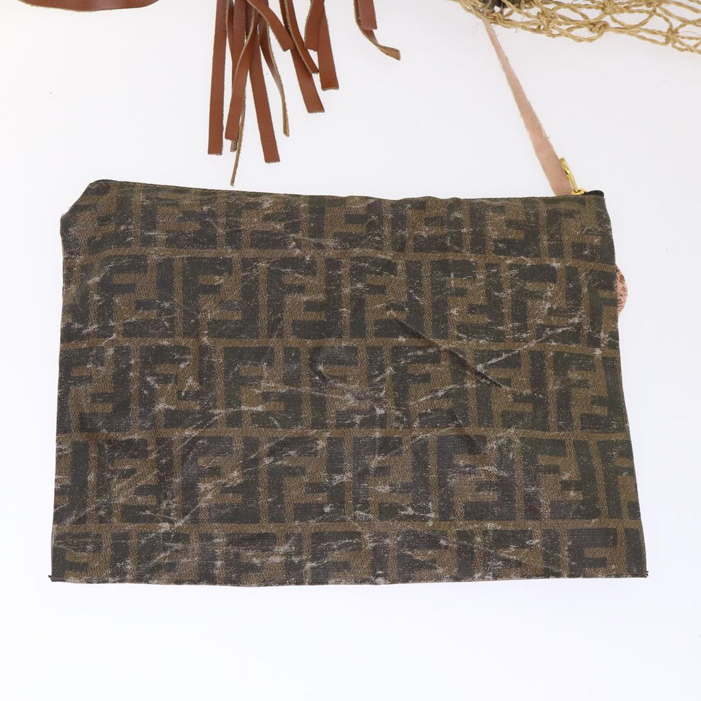 FENDI Zucca Canvas Hand Bag Straw Brown Black 46675