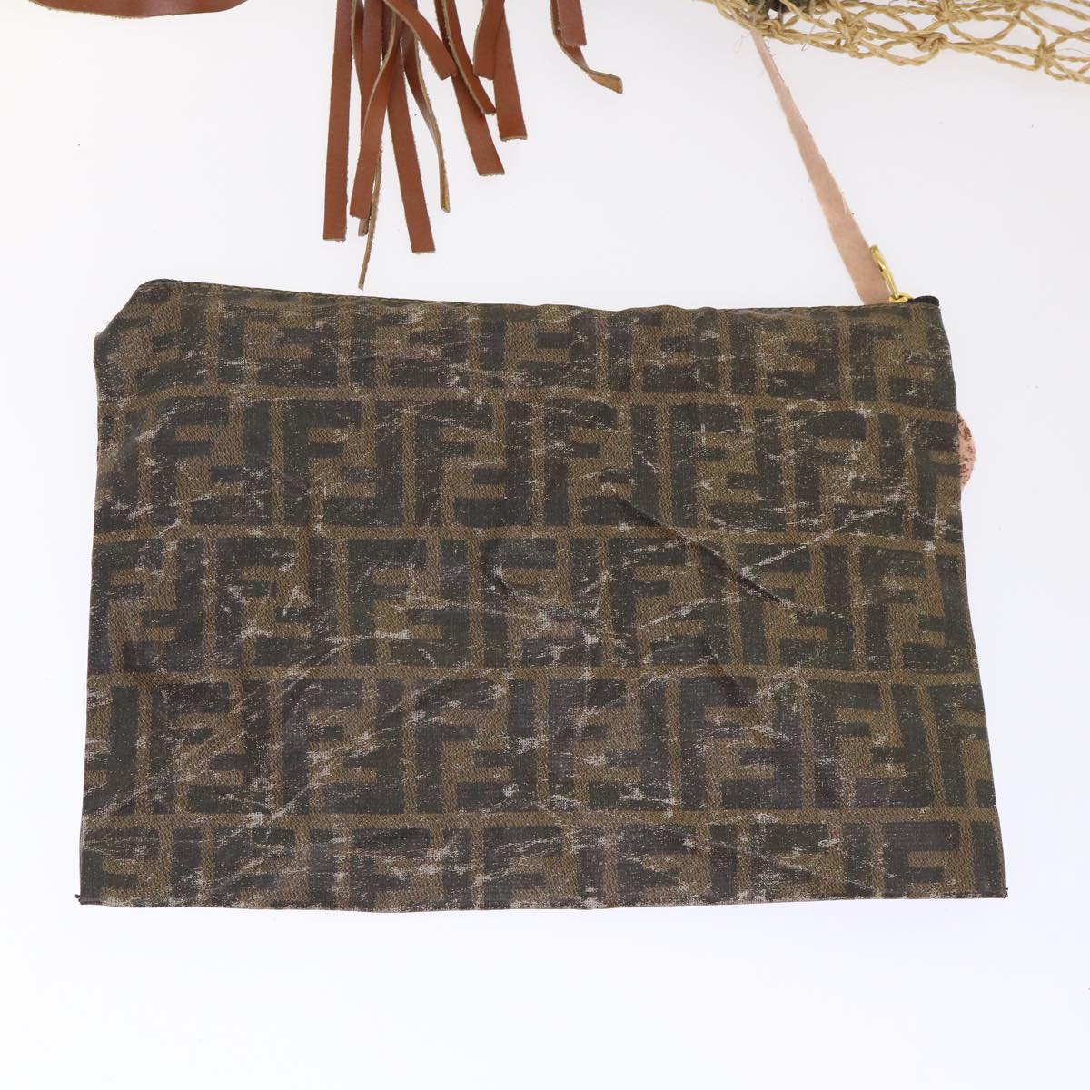 FENDI Zucca Canvas Hand Bag Straw Brown Black 46675